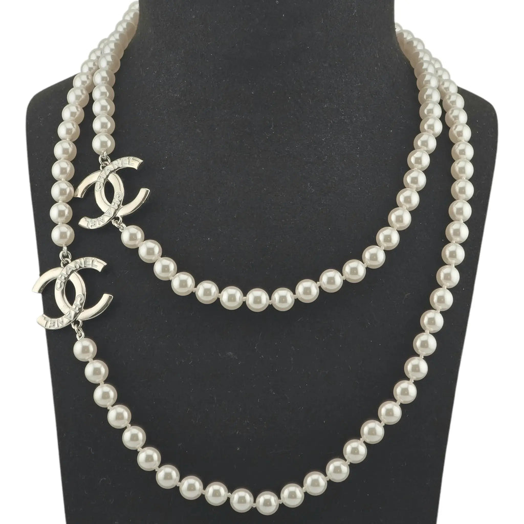 Chanel CC Long Faux Pearl Silver Necklace 2025 CHANEL