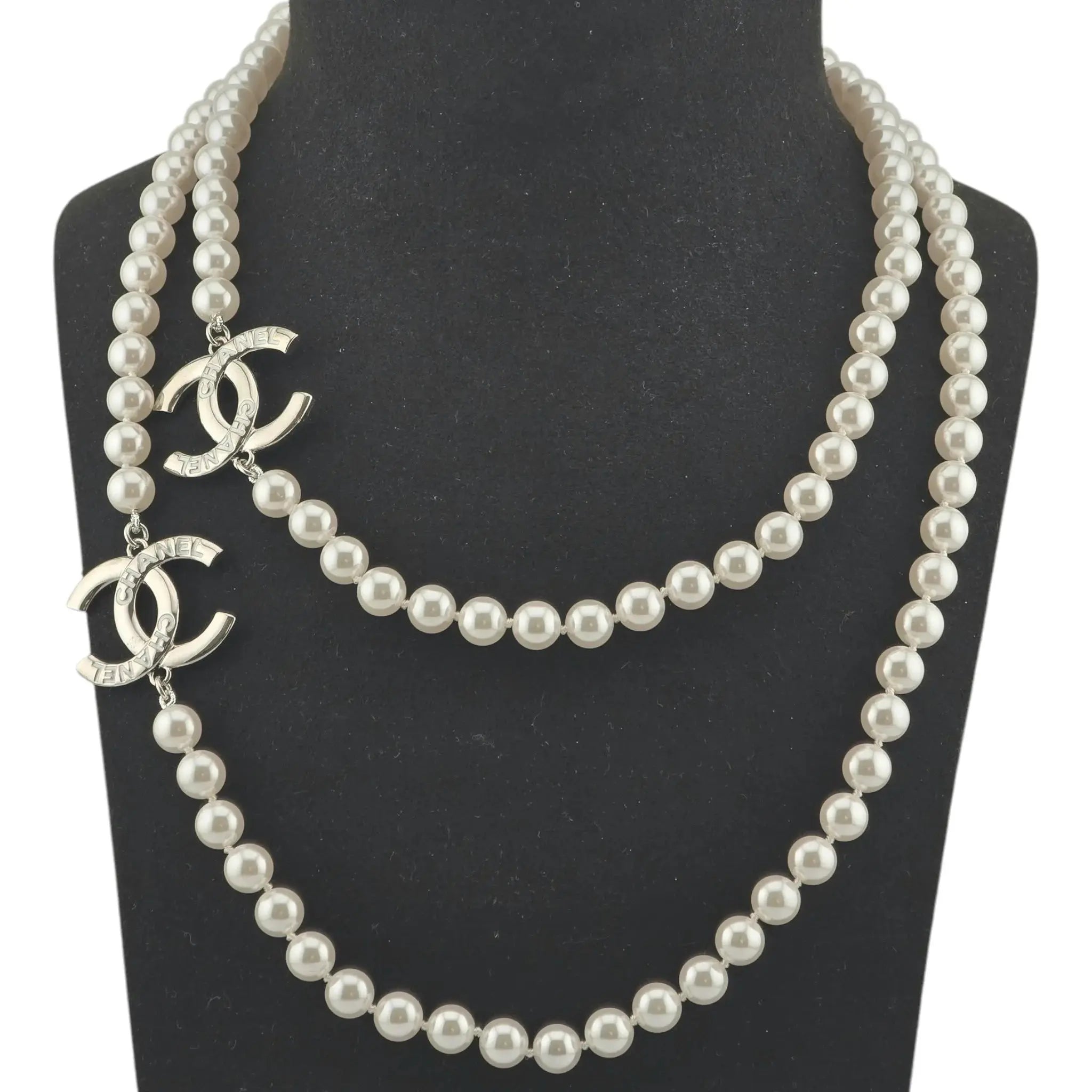 Chanel CC Long Faux Pearl Silver Necklace 2025 CHANEL