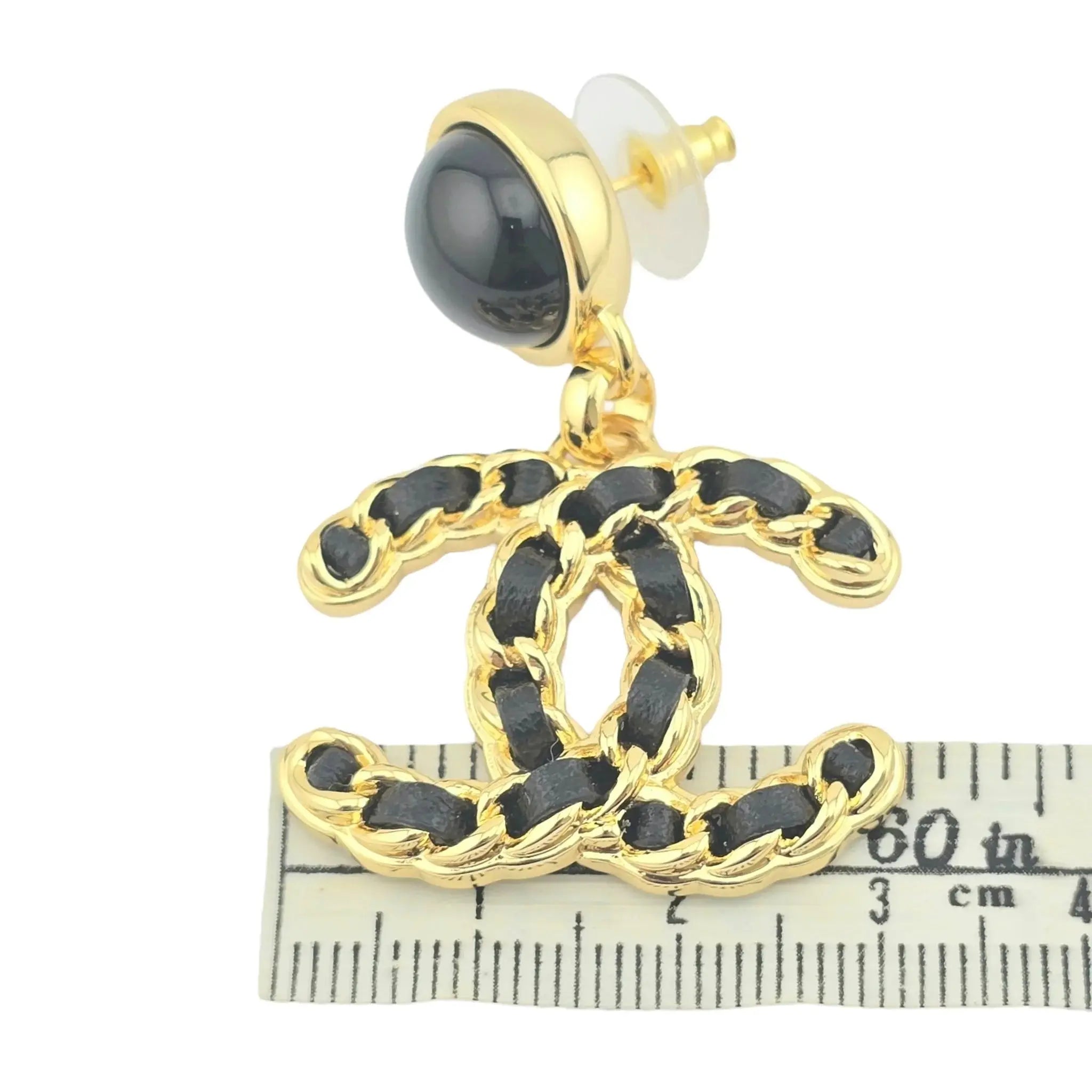 Chanel CC Gold Black Leather Drop Earrings B24 CHANEL