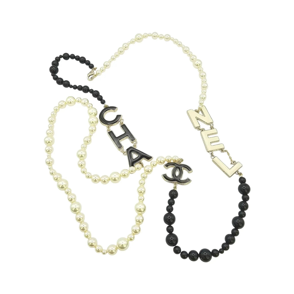 Chanel CC Metal Enamel Pearl Beaded Long Necklace Black White 2022 CHANEL