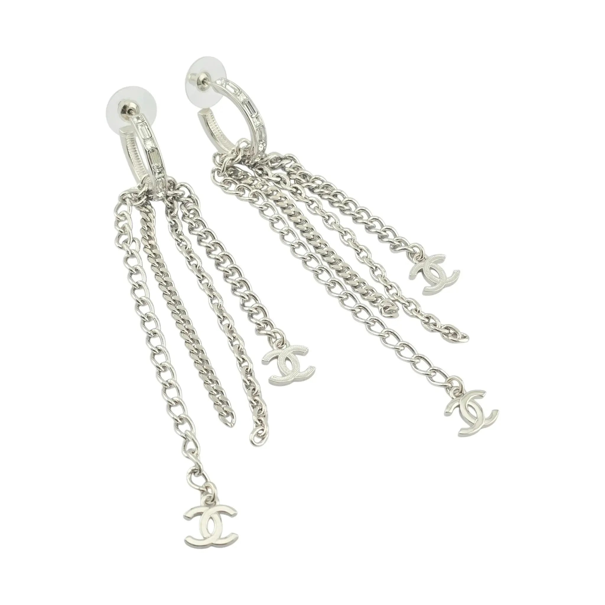 Chanel CC Chain Crystal Silver Hoop Earrings 22P CHANEL