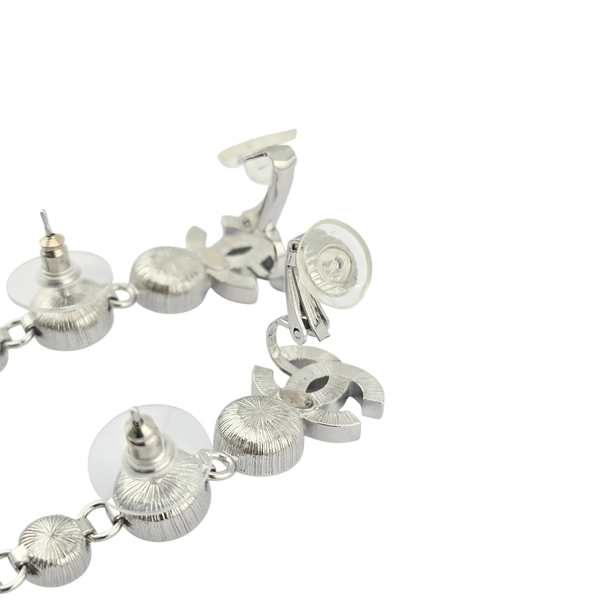 Chanel CC Crystal Cuff Climber Long Drop Earrings Silver 2023 CHANEL