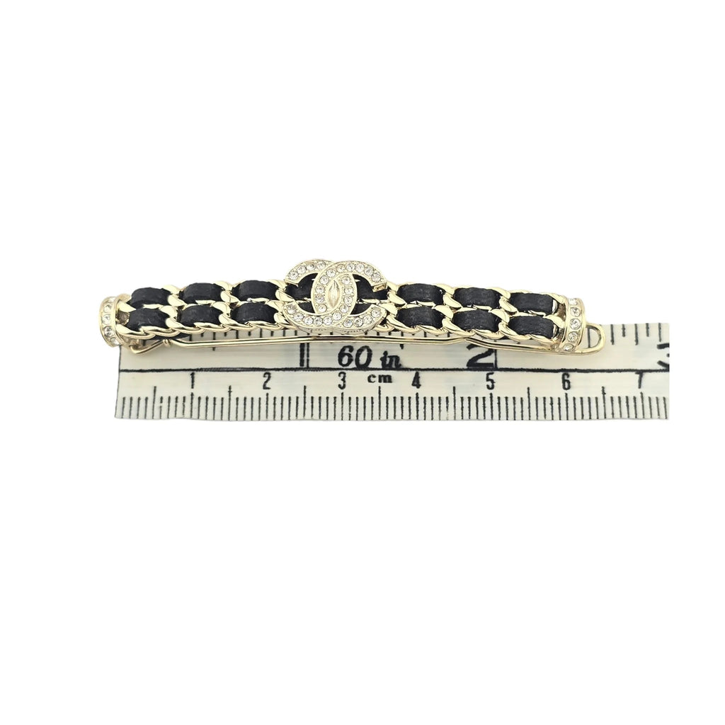 Chanel CC Black Leather Crystal Hair Barrette Clip B21 CHANEL