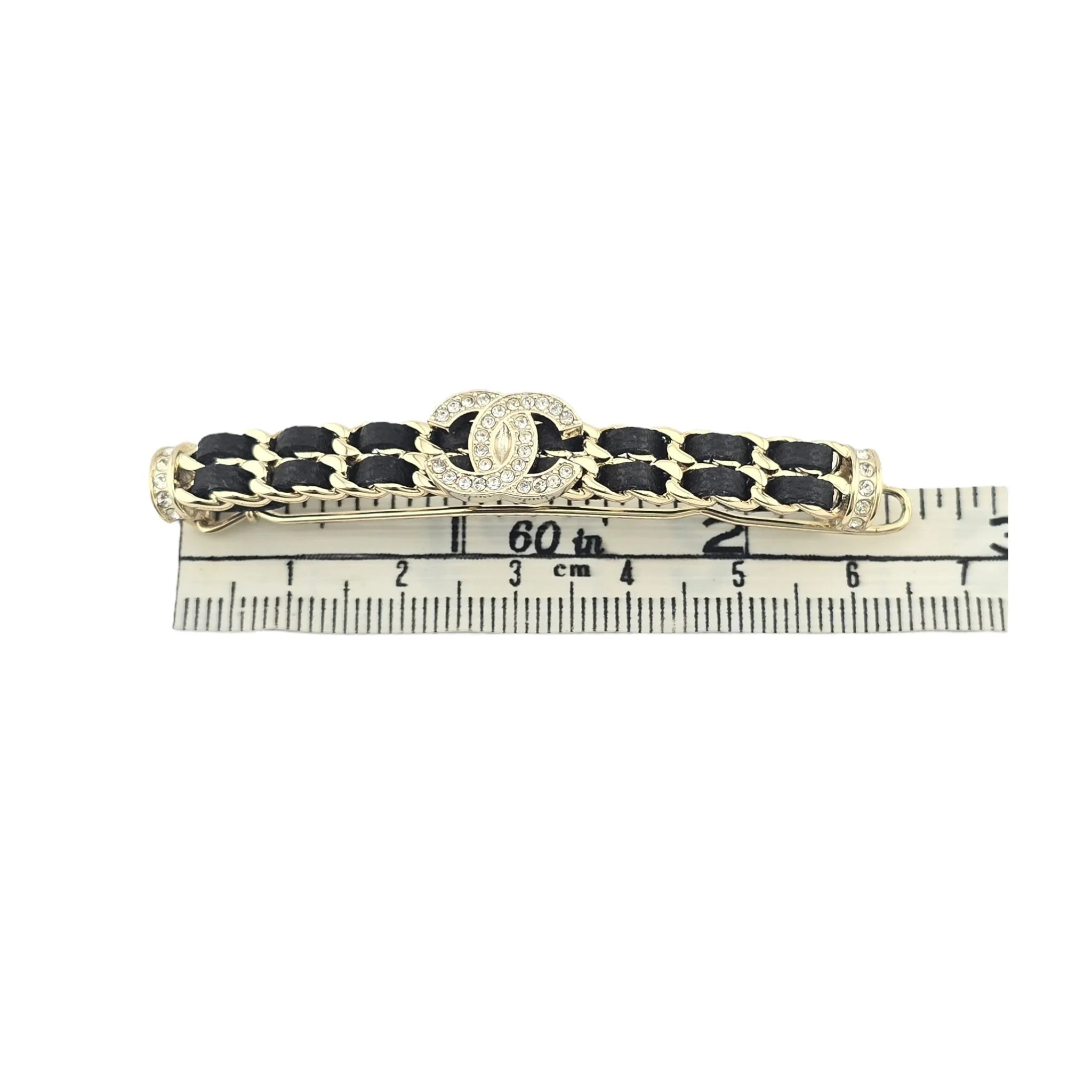 Chanel CC Black Leather Crystal Hair Barrette Clip B21 CHANEL