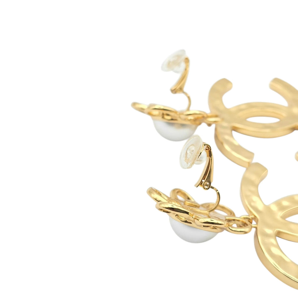 Chanel 23C XL Gold White Stripe Clip On Dangle Drop Earrings CHANEL