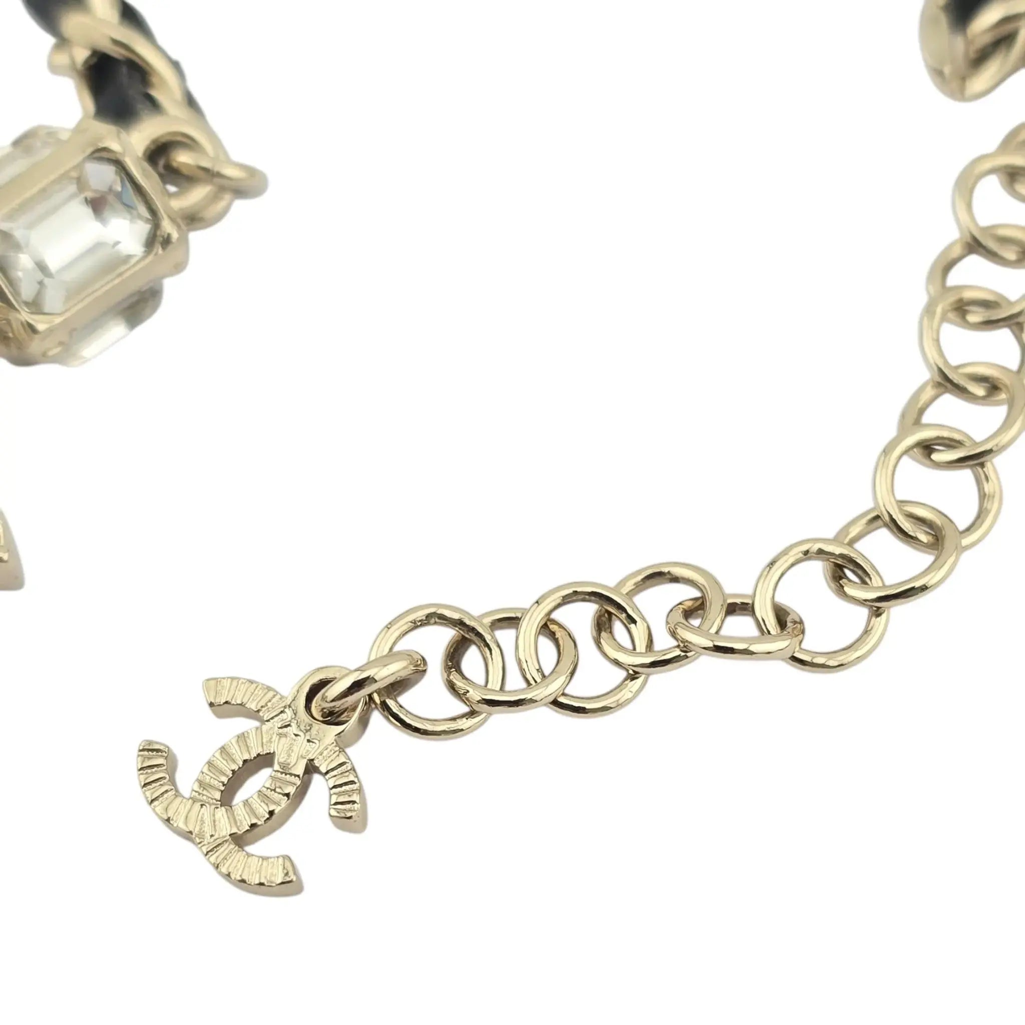Chanel CC Gold Black Leather Long Necklace A23 CHANEL