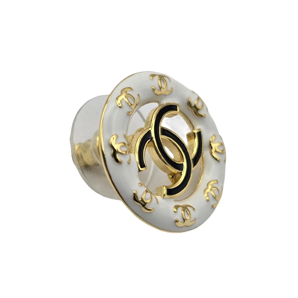 Chanel CC Round Stud Earrings White/Black Enamel 2024 CHANEL