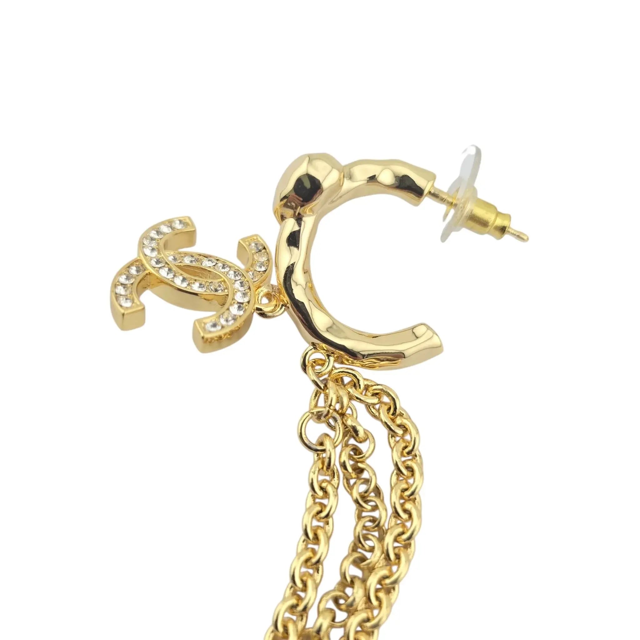 Chanel CC Chain Drop Gold Heart Hoop Earrings B23 CHANEL