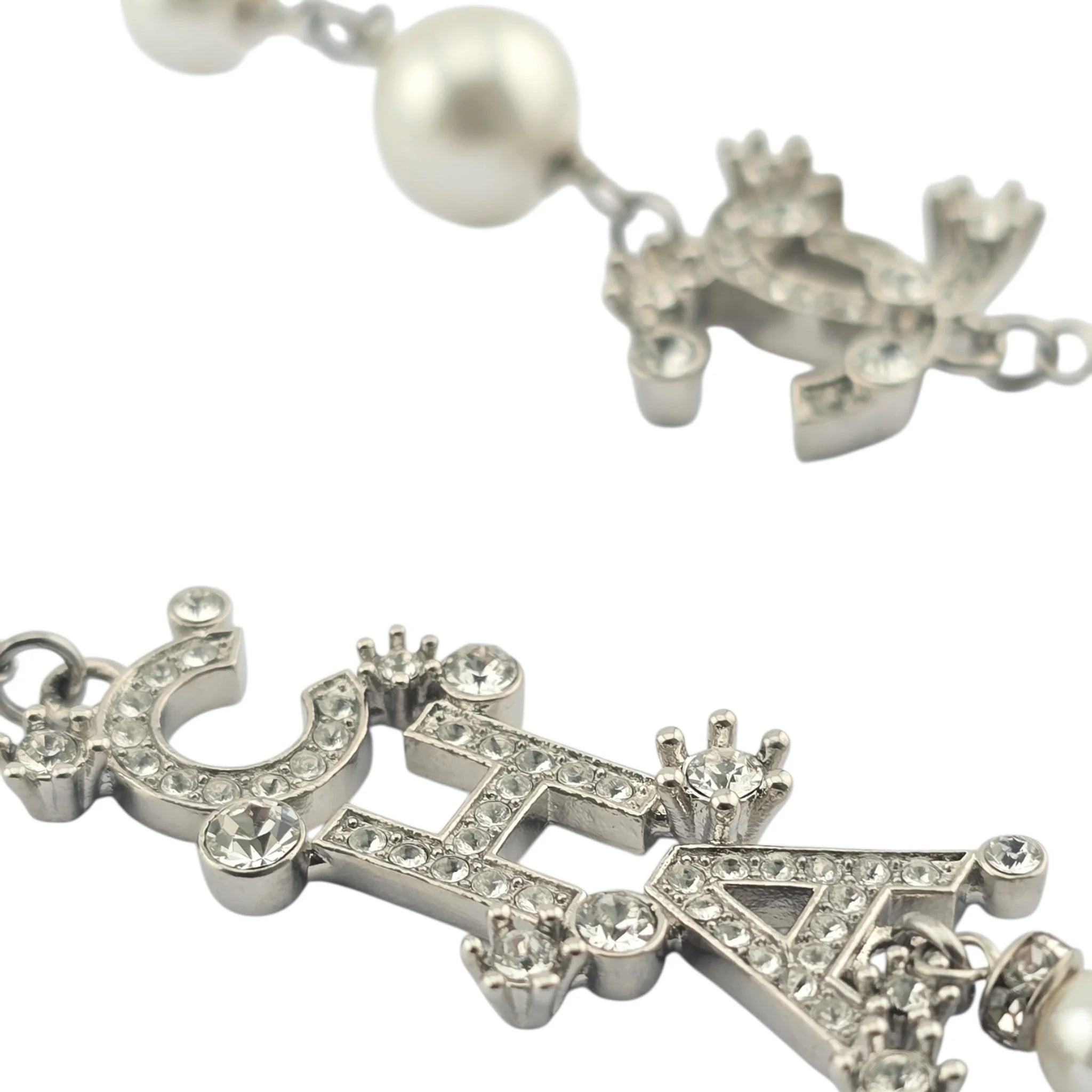 Chanel CC Silver Faux Pearl Logo Long Necklace 2023 CHANEL