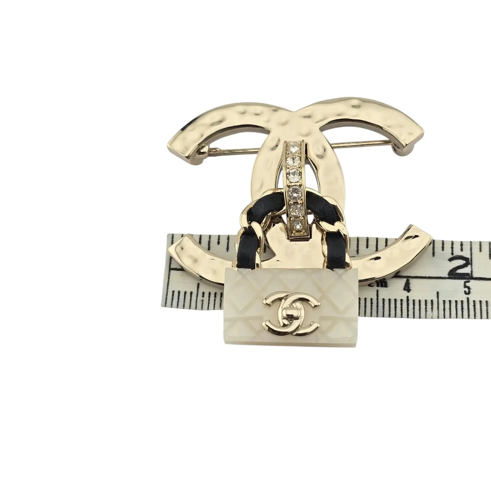 Chanel CC Crystal Resin Flap Bag Brooch Gold White 2023 CHANEL