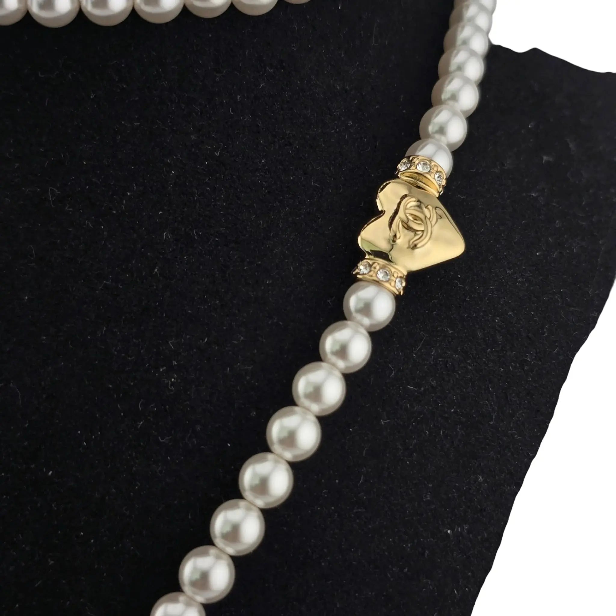 Chanel CC Long Faux Pearl Gold Heart Necklace CHANEL