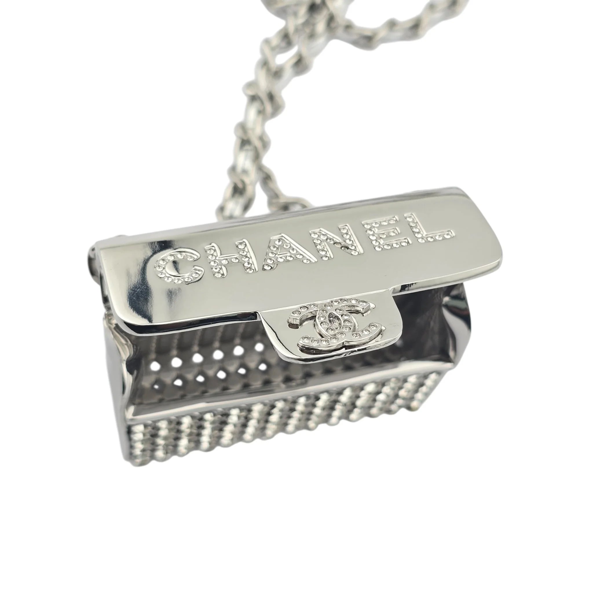 Chanel CC Metal Lambskin Strass Crystal Mini Bag Long Necklace Silver CHANEL
