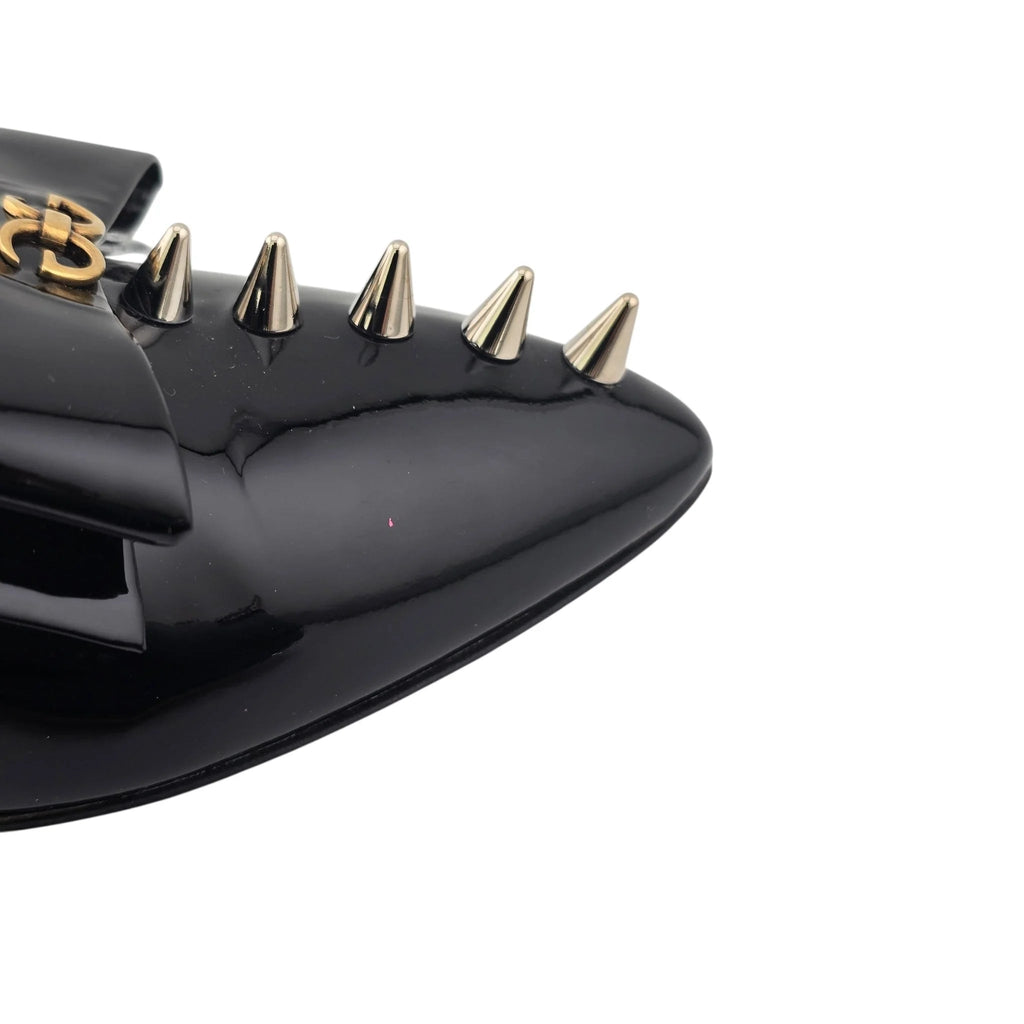 GUCCI Patent GG Bow Sadie Spike Mid Heel Mules 38.5 Black GUCCI