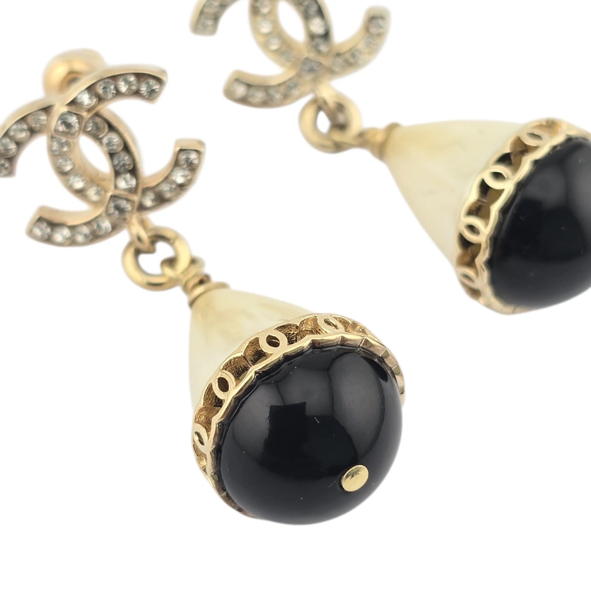 Chanel Crystal Pearl CC Drop Earrings Gold Black CHANEL