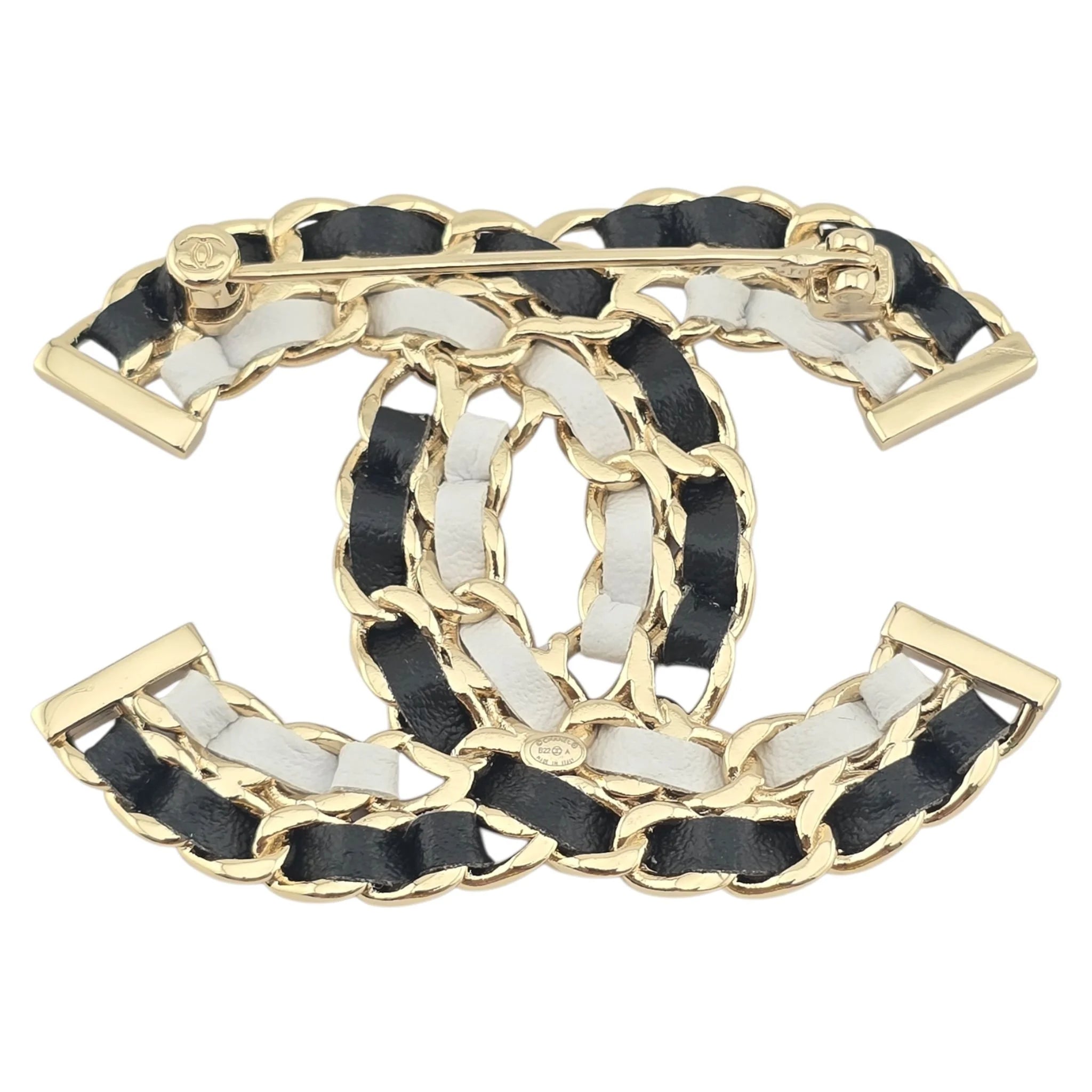 Chanel CC Lambskin Chain Brooch Black White Gold 2022 CHANEL