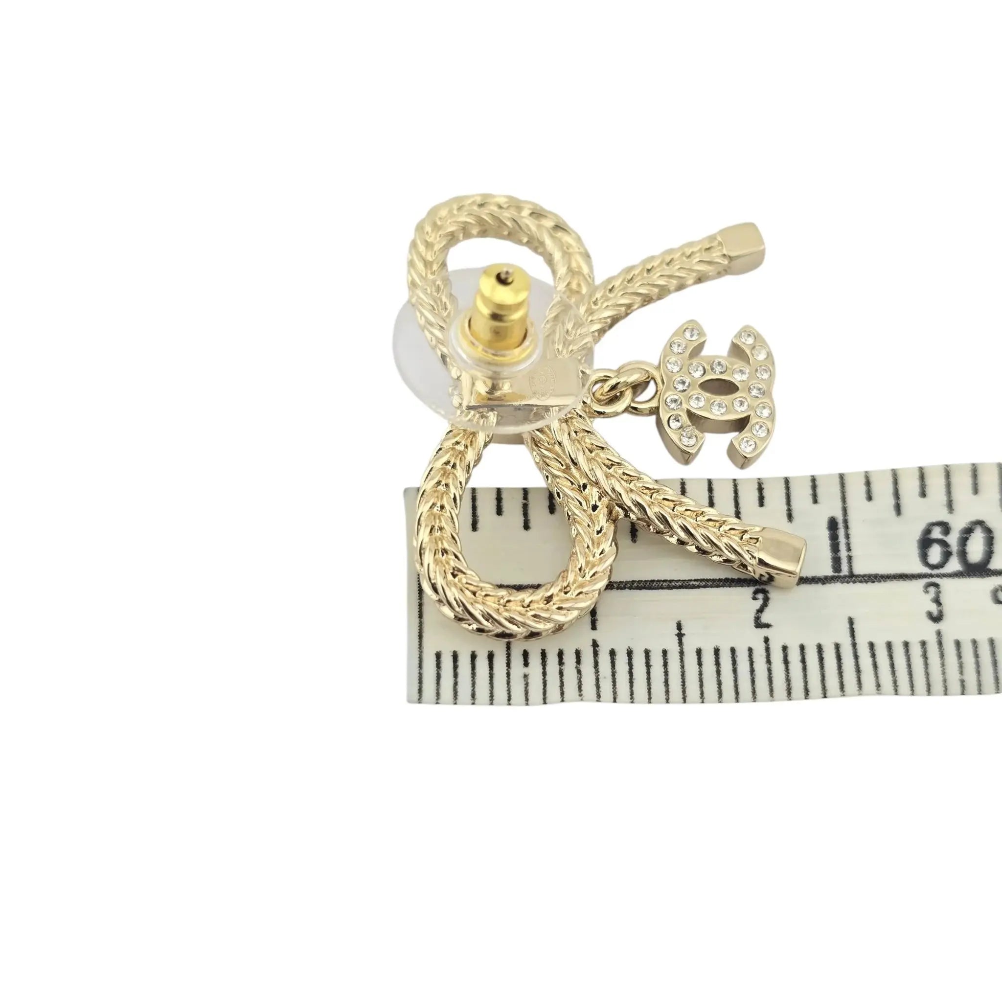 Chanel CC Crystal Bow Drop Earrings Gold 2024 CHANEL