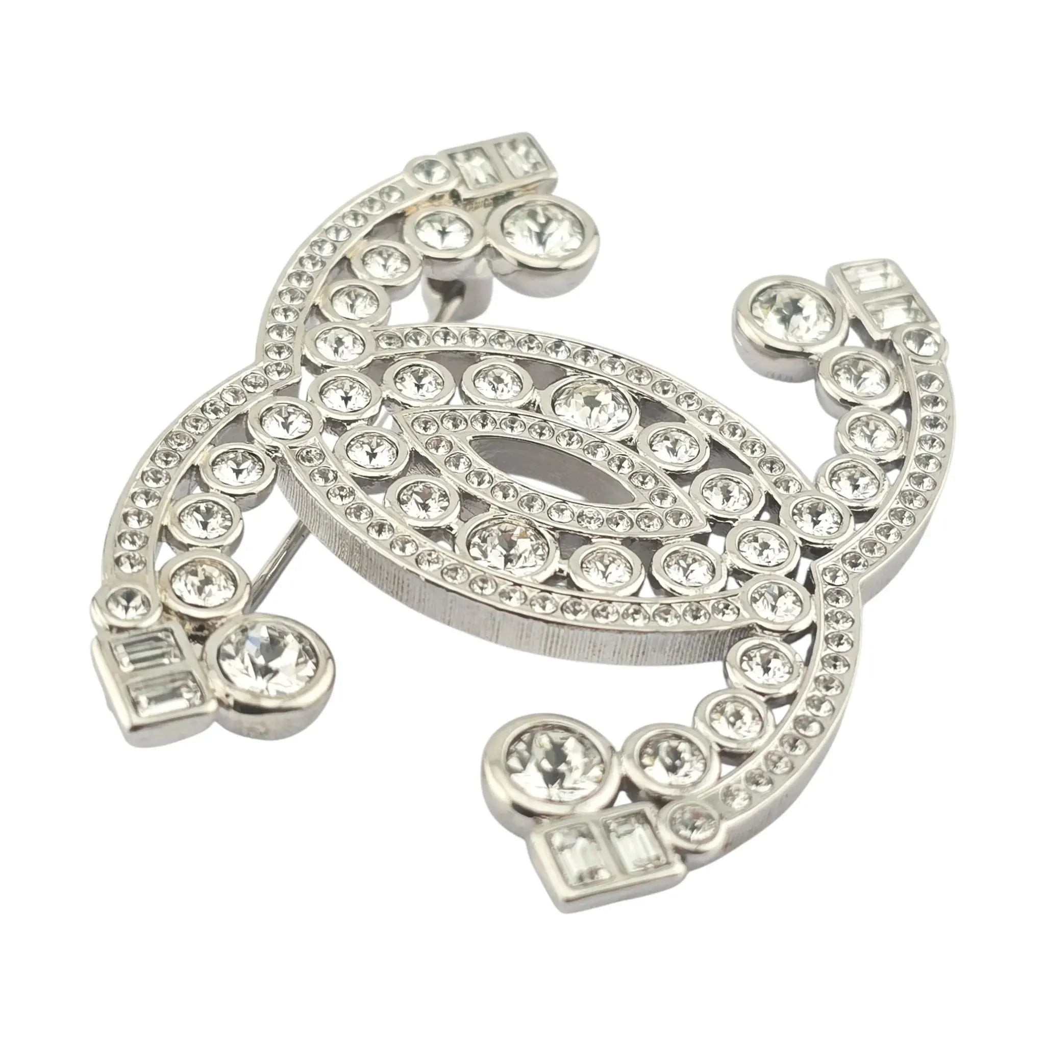 Chanel CC Metal Crystal Brooch Silver 2023 CHANEL