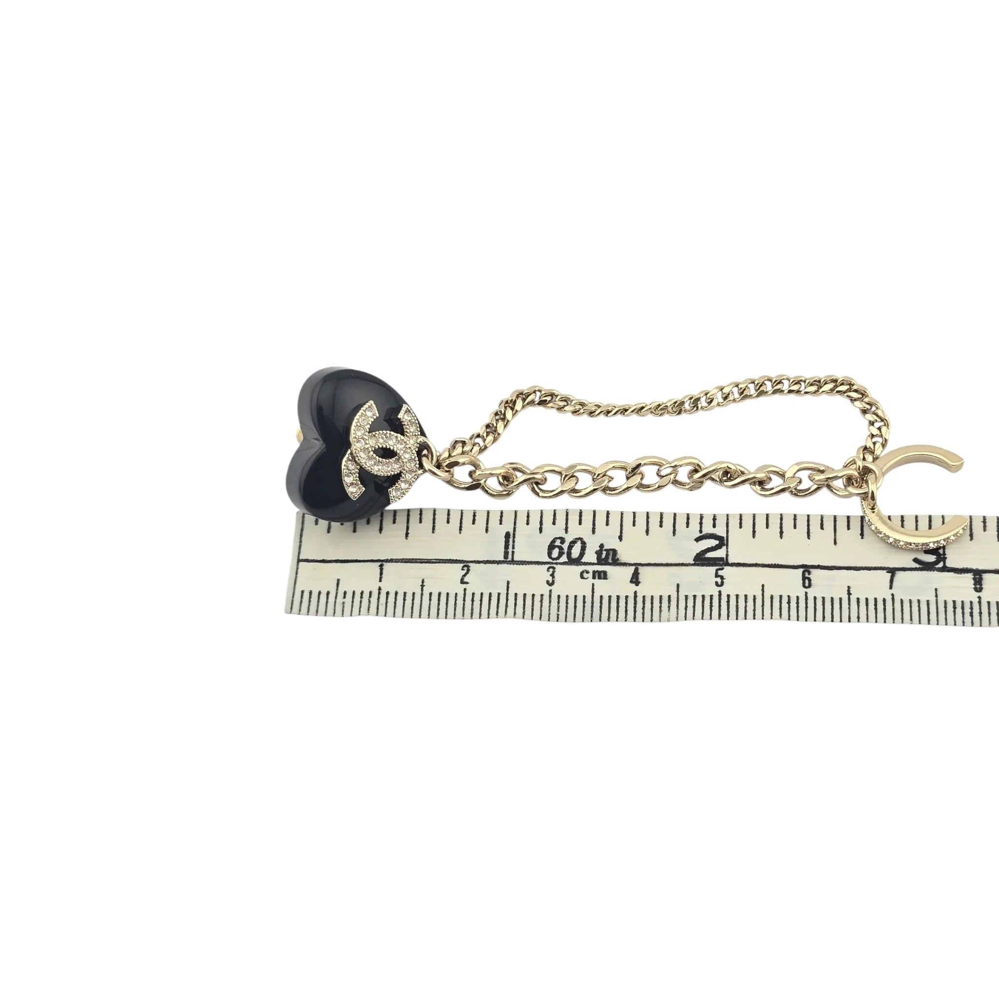 Chanel CC Resin Crystal Heart Chain Cuff Earrings Black Gold CHANEL