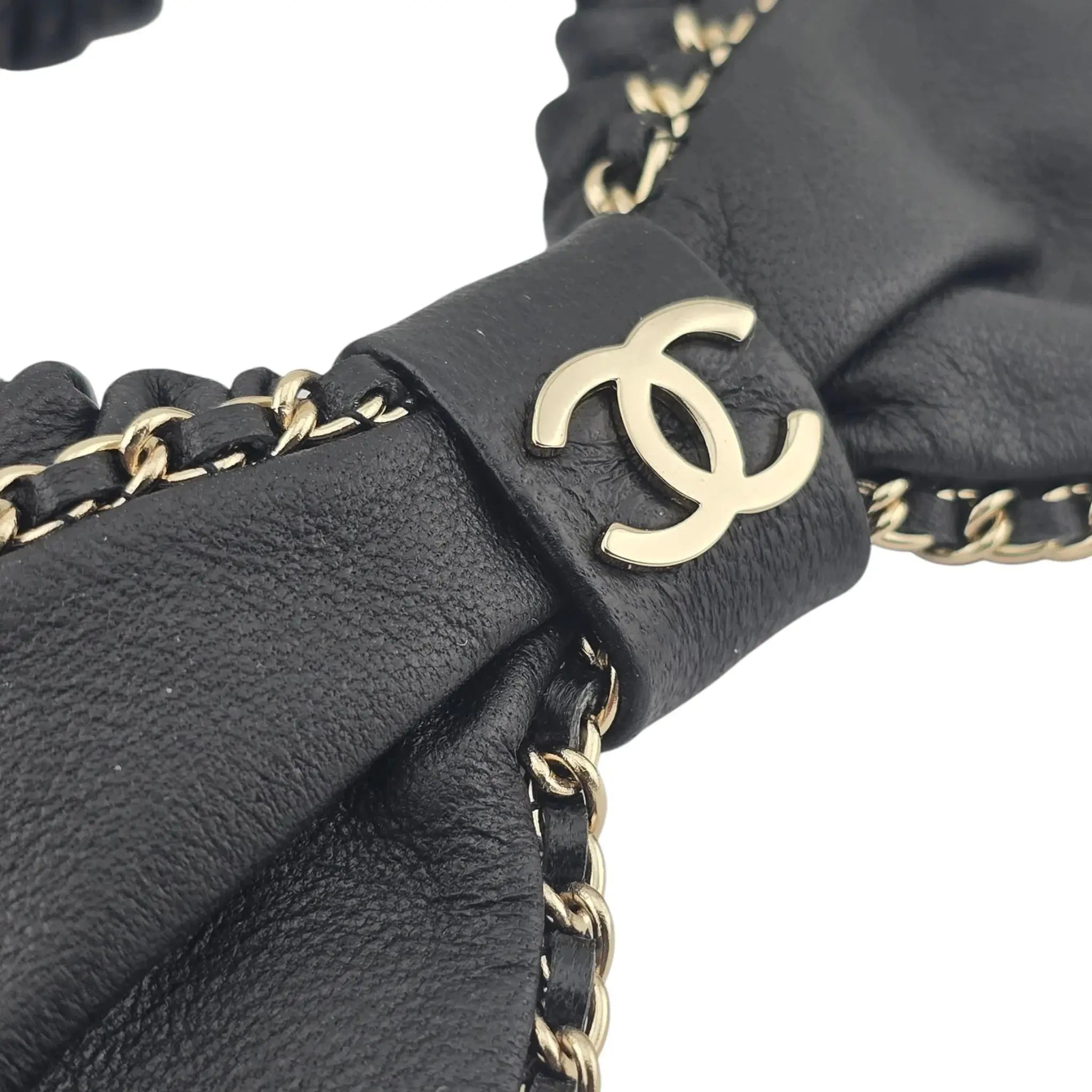 Chanel CC Lambskin Chain Hair Bow Tie Black Gold CHANEL