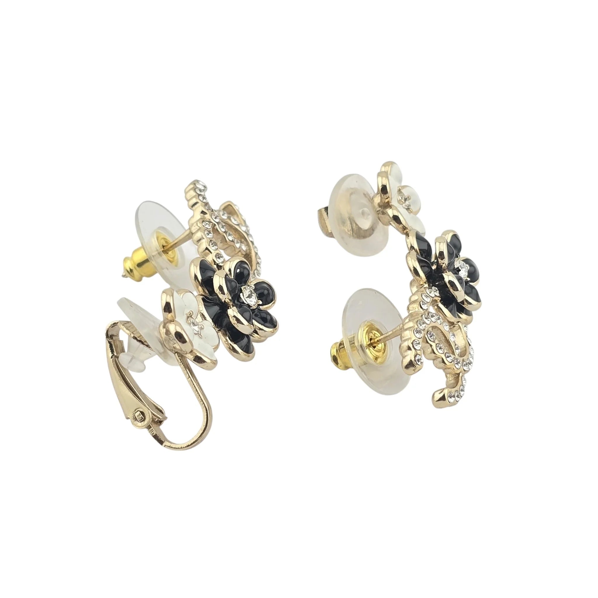 Chanel CC Crystal Enamel Camelia Clip On Stud  Earrings Black White CHANEL
