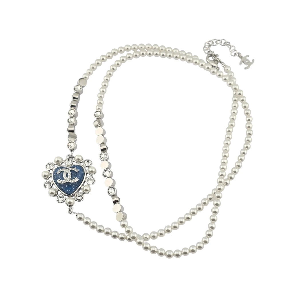 Chanel CC Long Faux Pearl Necklace Blue Heart 2025 CHANEL