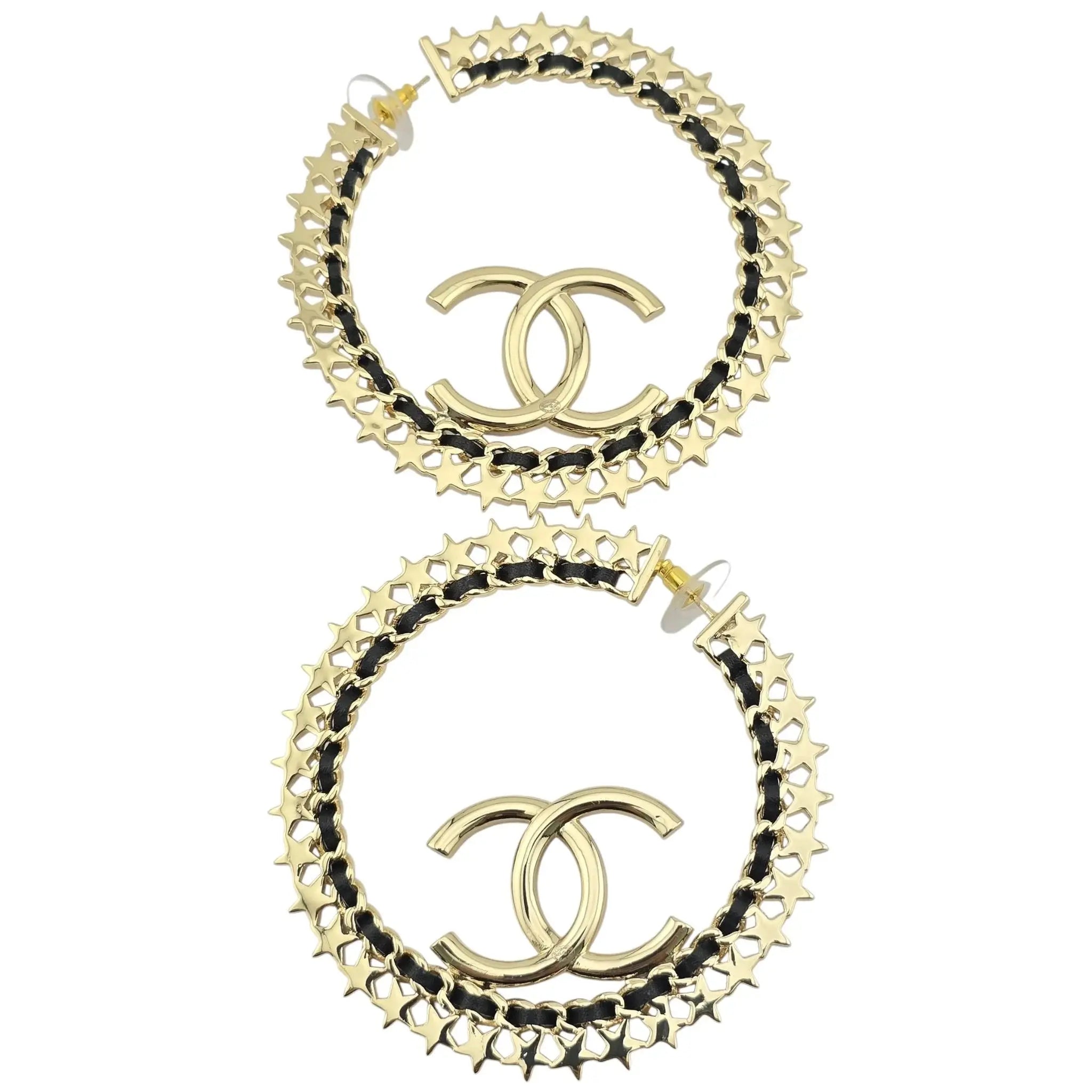 Chanel CC Large Hoop Earrings Crystal/Leather CHANEL