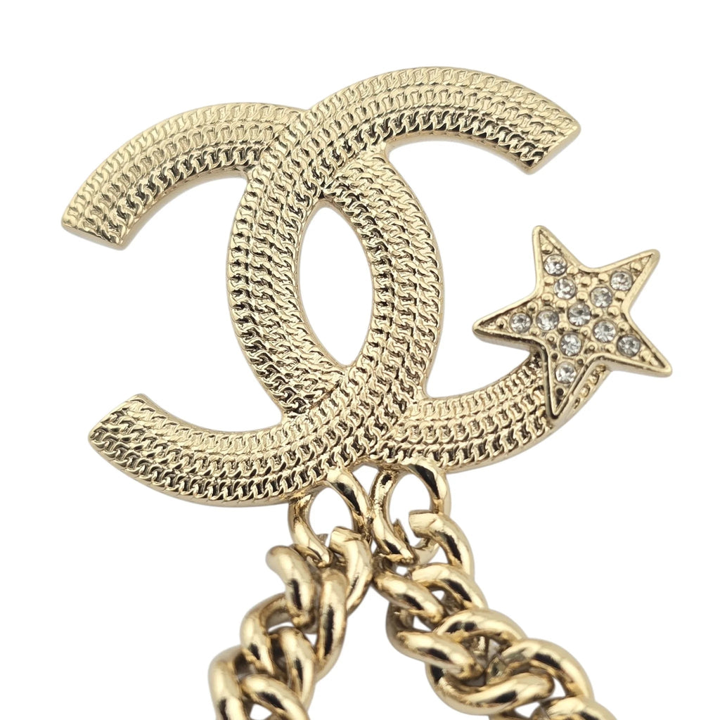 Chanel CC Crystal Chain Star Brooch Gold CHANEL