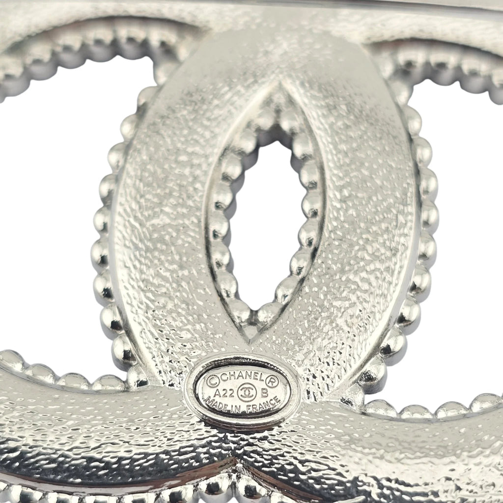 Chanel CC Crystal Leather Silver Tone Pin Brooch 2022 CHANEL