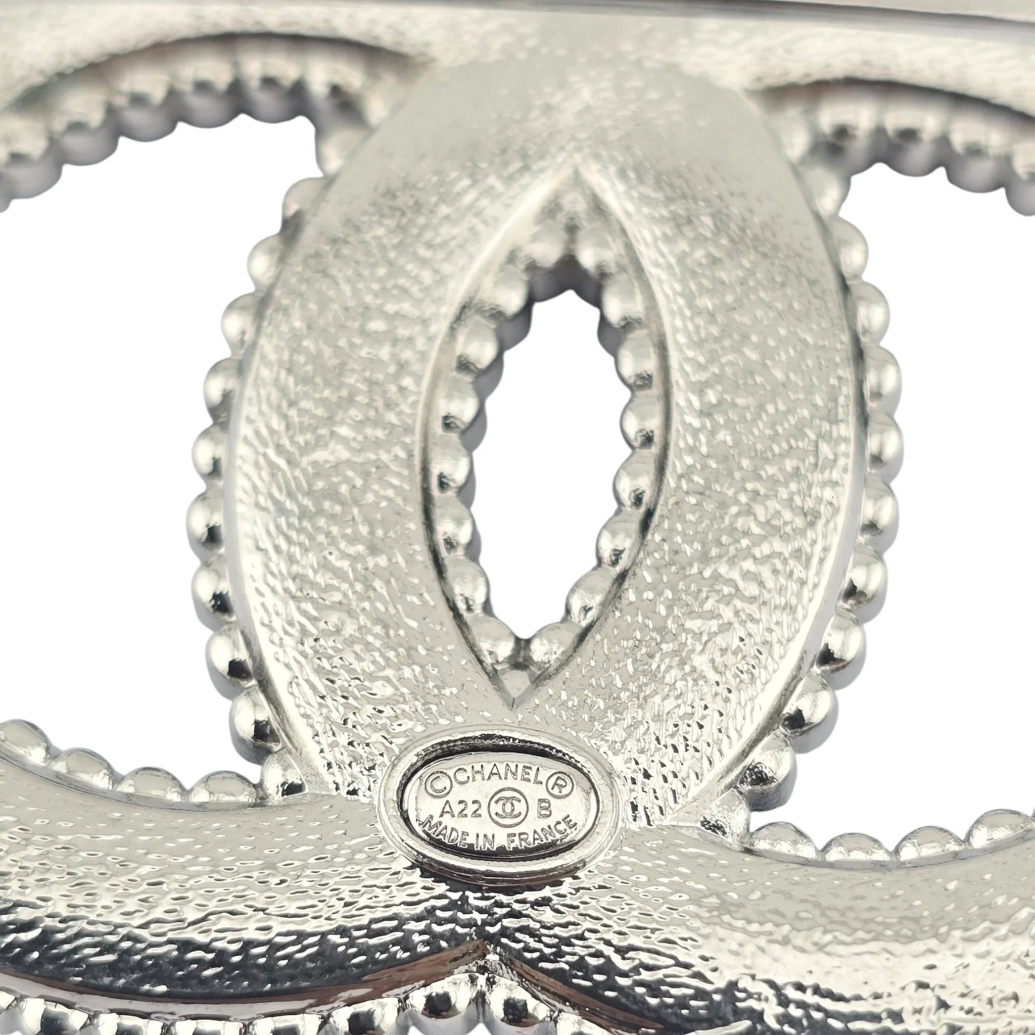 Chanel CC Crystal Leather Silver Tone Pin Brooch 2022 CHANEL