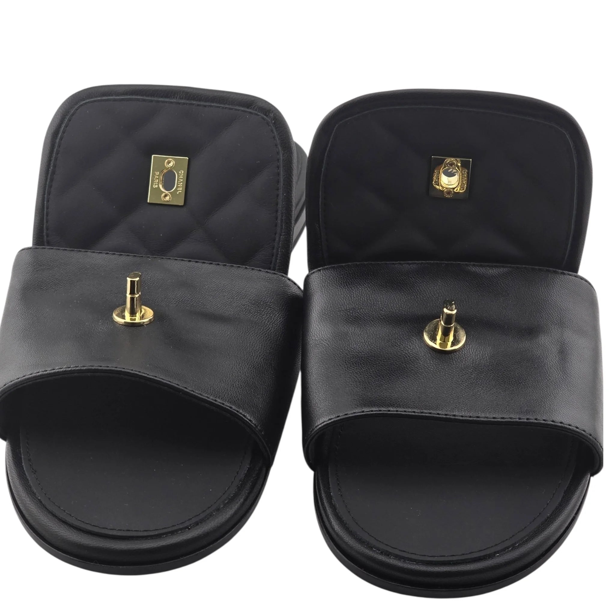 Chanel CC  Lambskin Quilted Turnlock Black Gold Sandals 39 CHANEL