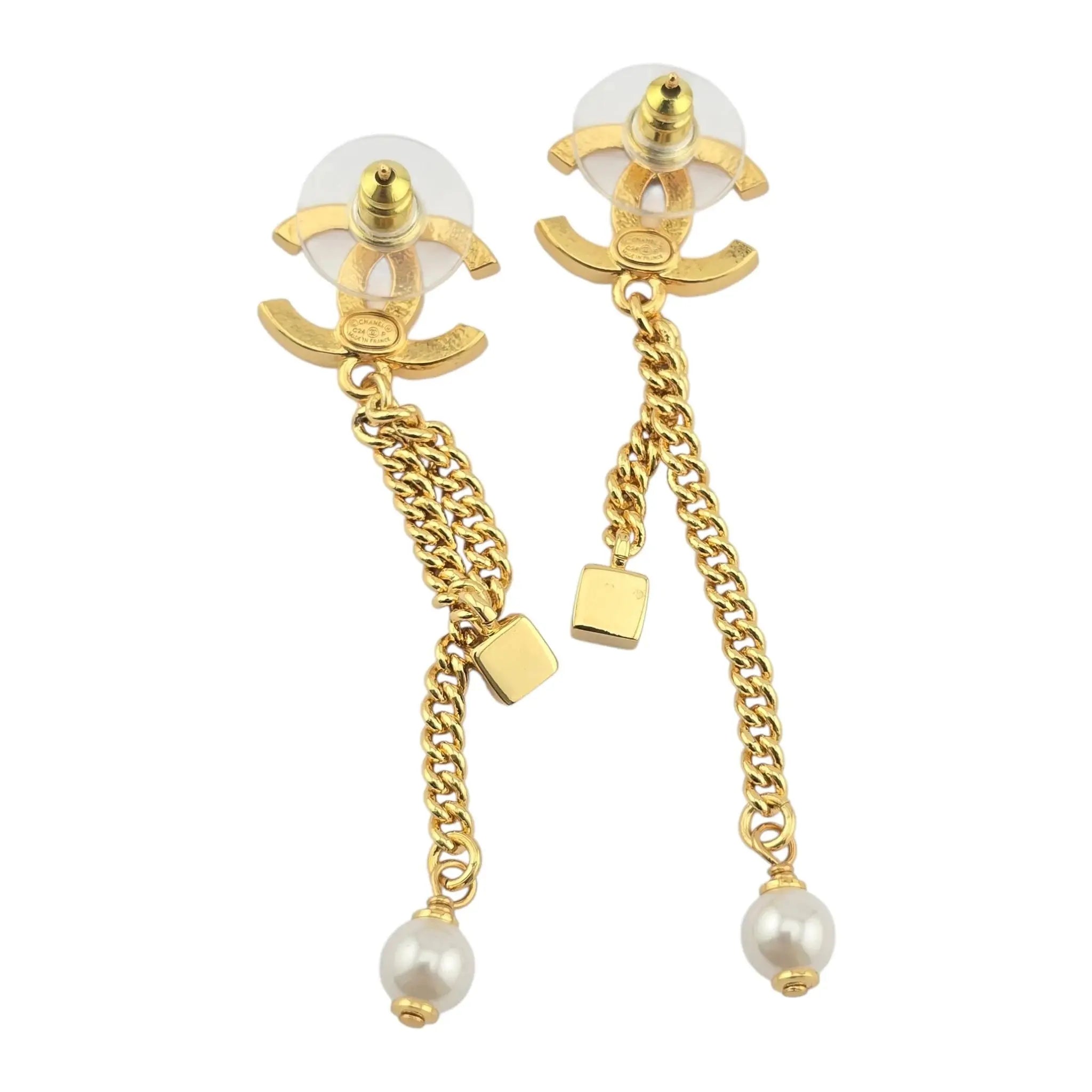 Chanel CC Crystal Pearl Quilted Chain Drop Earrings Gold CHANEL