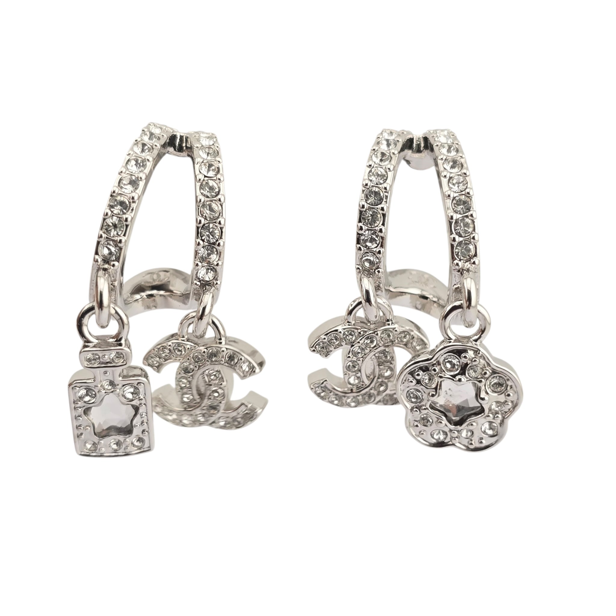 Chanel CC Silver Crystal Hoop Pendant Earrings 2025 CHANEL