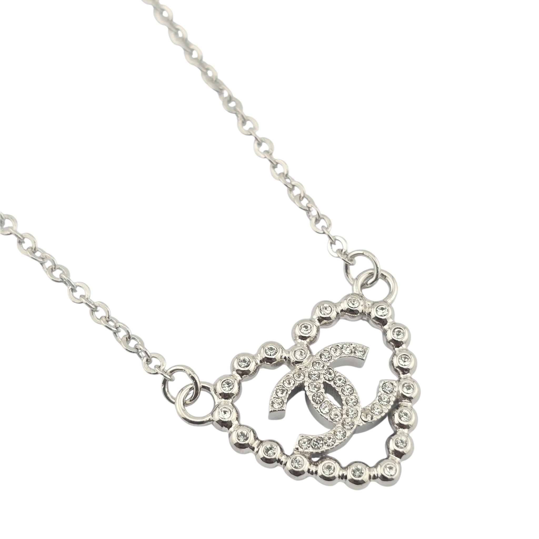 Chanel CC Crystal Heart Silver Necklace