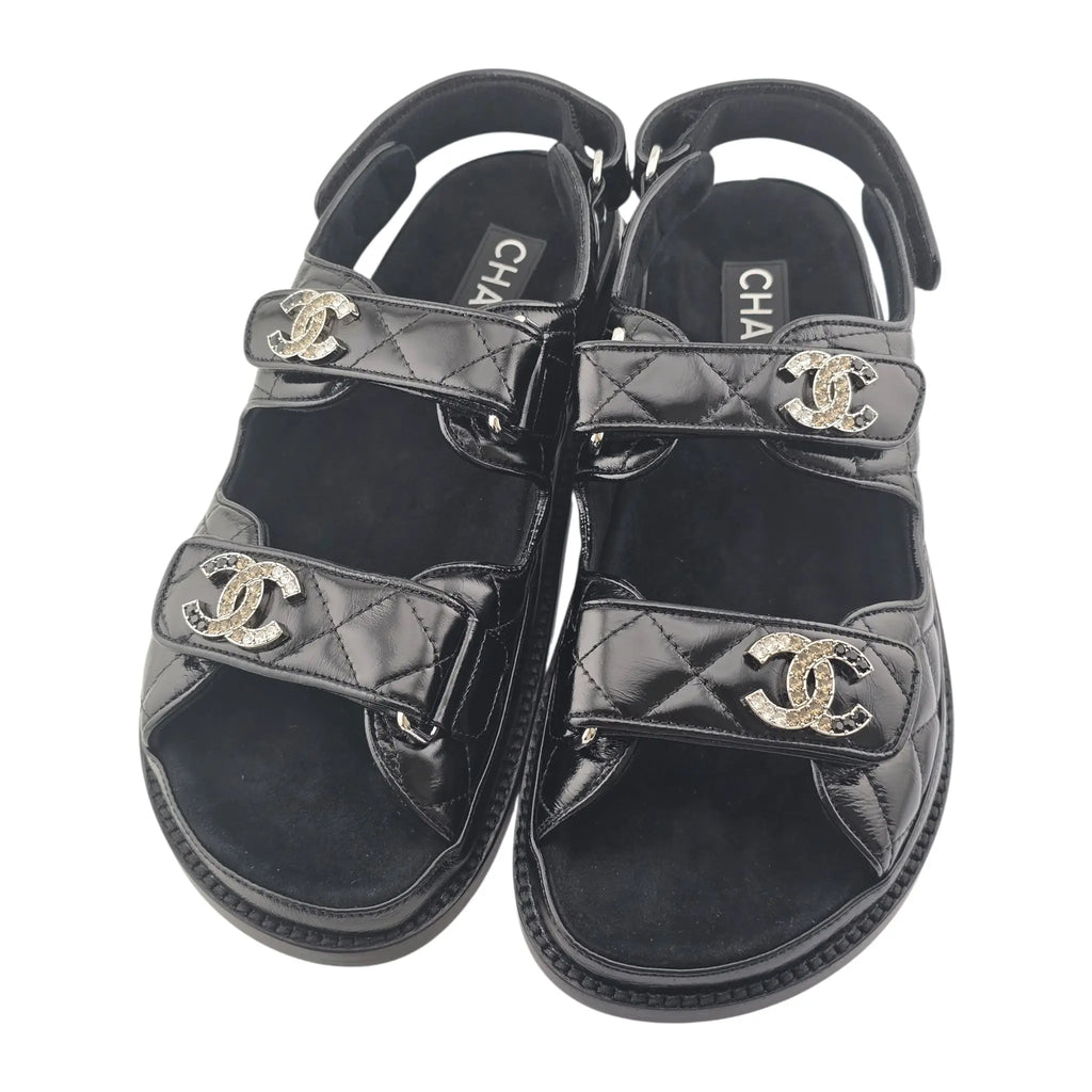Chanel CC Dad Black Crystal Quilt Sandals 39 CHANEL