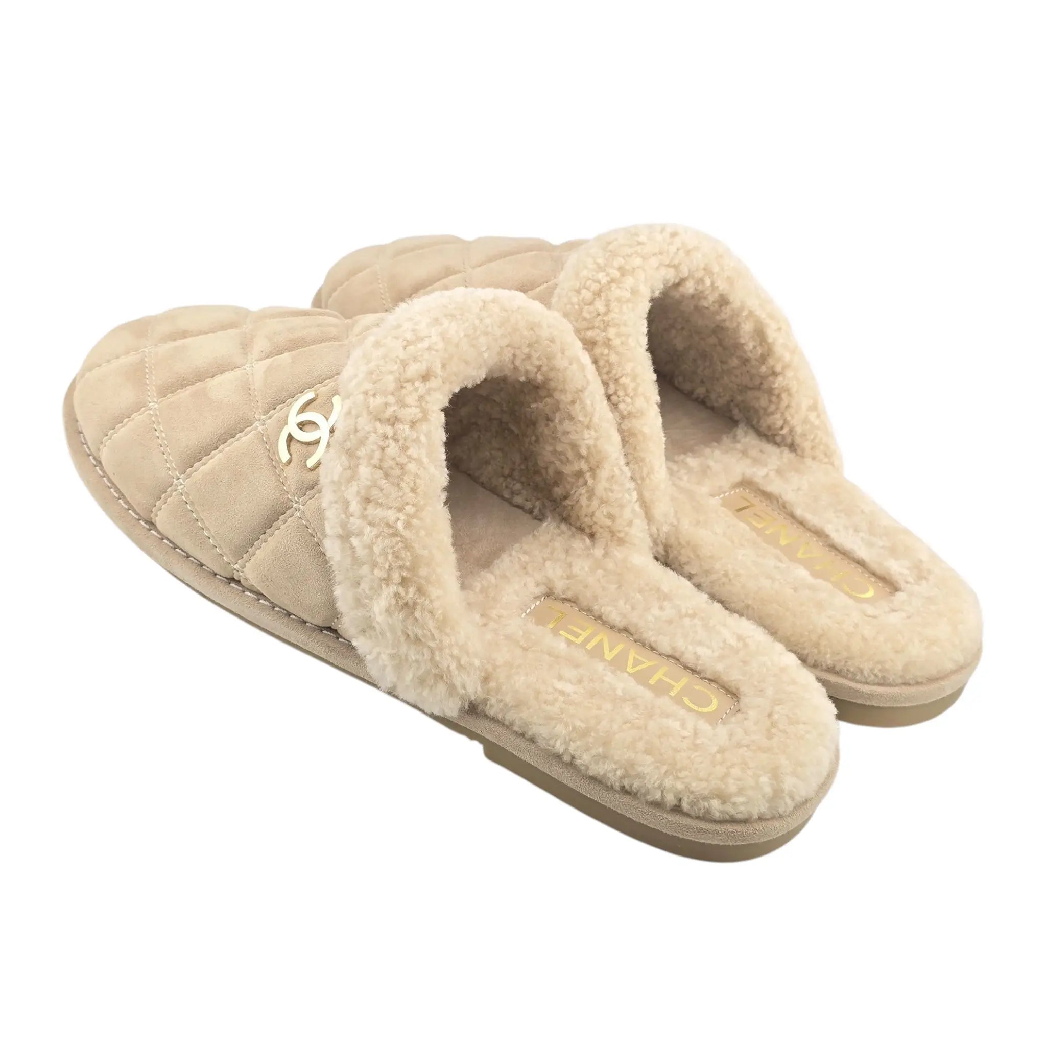 Chanel CC Suede Shearling Mule Slippers 39 UK6 CHANEL