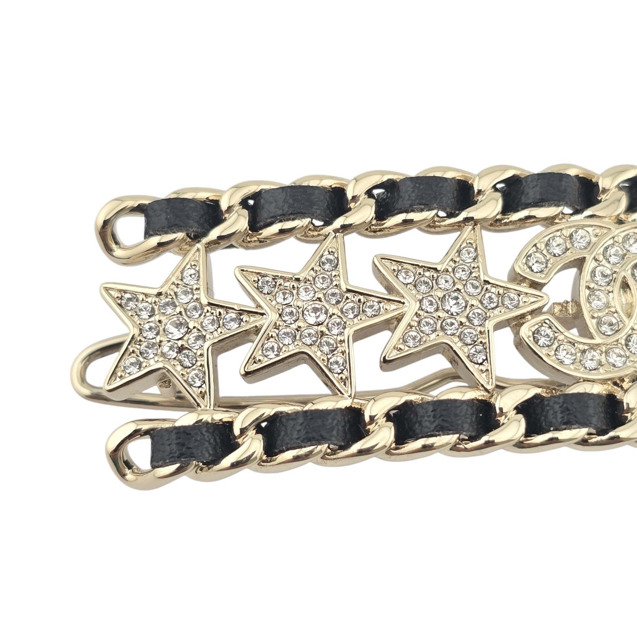 Chanel CC Black Leather Crystal Hair Barrette Clip B23