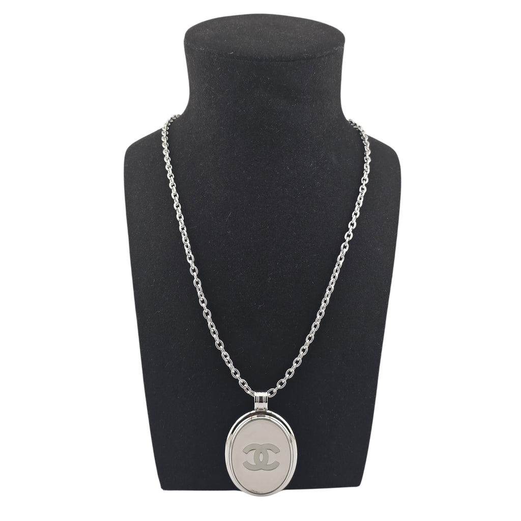 Chanel CC Silver Oval Pendant Necklace 2025