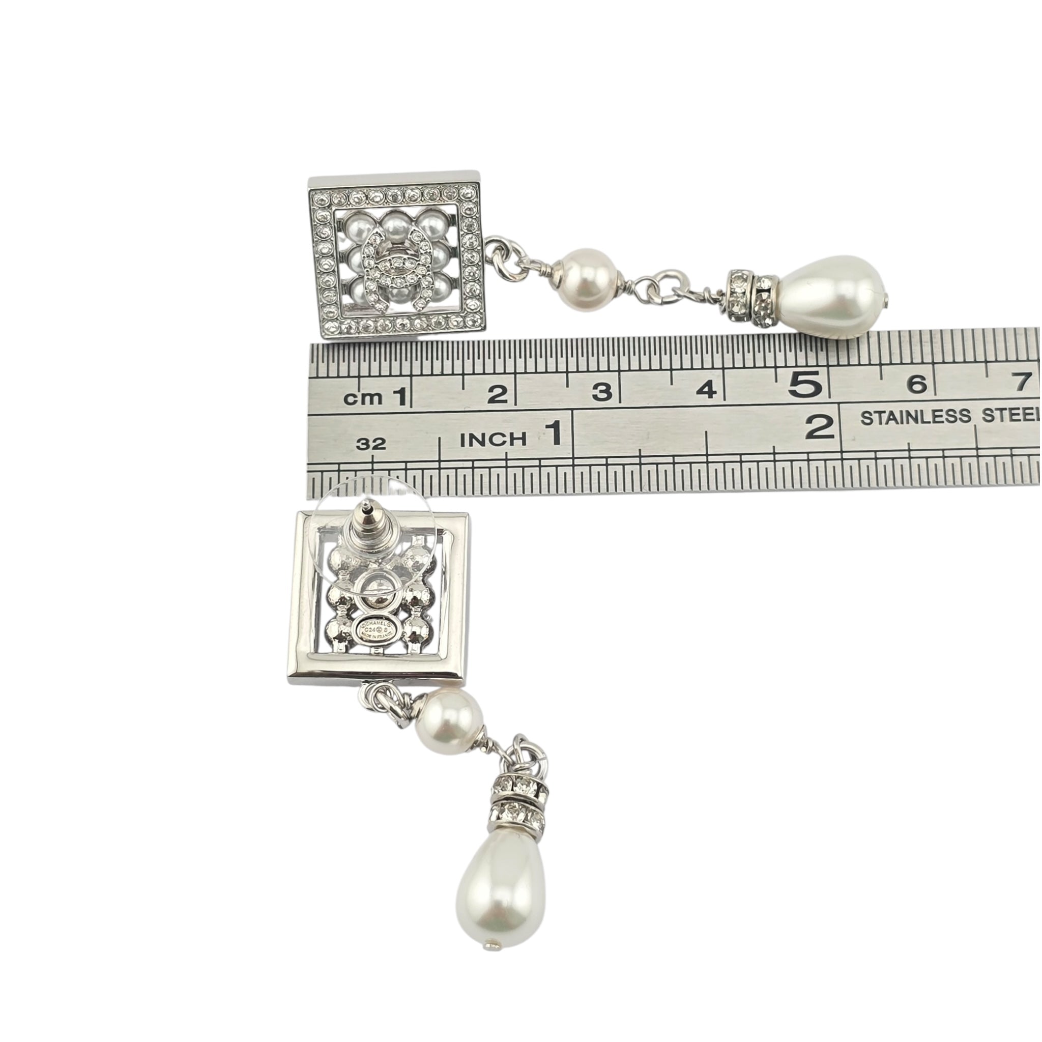 Chanel CC Silver Faux Pearl Drop Earrings 2024