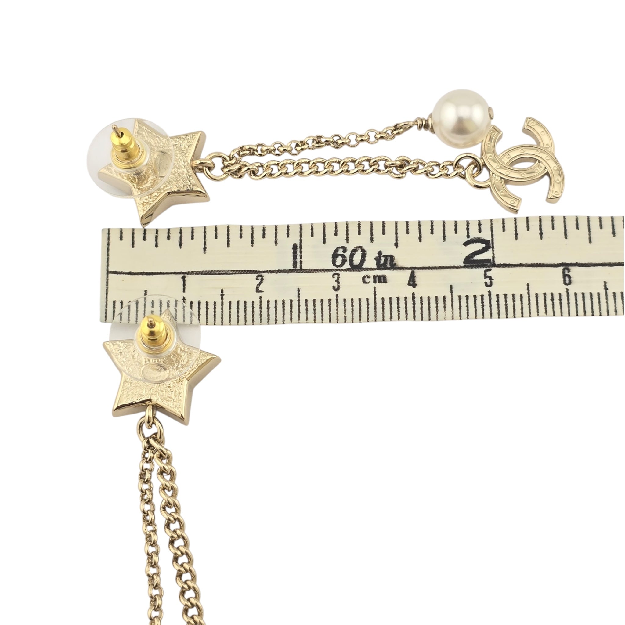 Chanel Crystal Pearl CC Star Drop Earrings Gold 2025