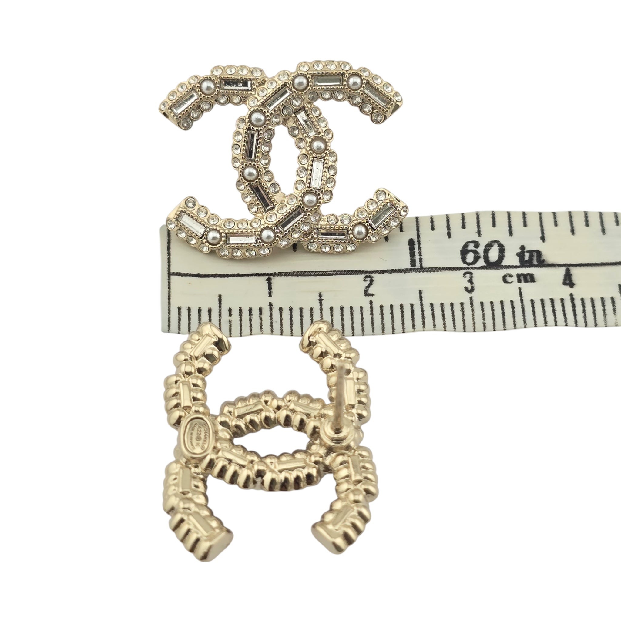Crystal Baguette Pearl CC Earrings Gold Pearly White