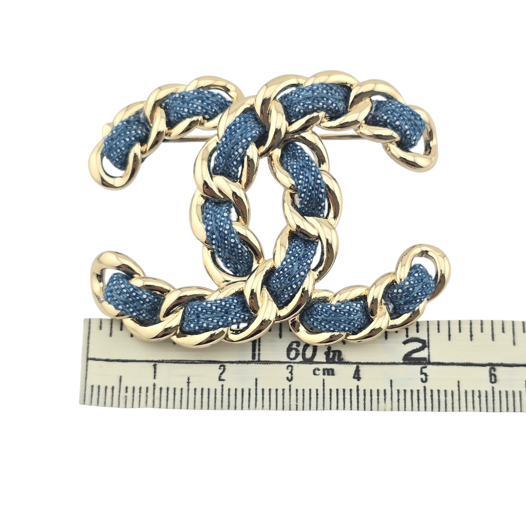 Chanel Denim Chain CC Brooch Blue Gold 2025