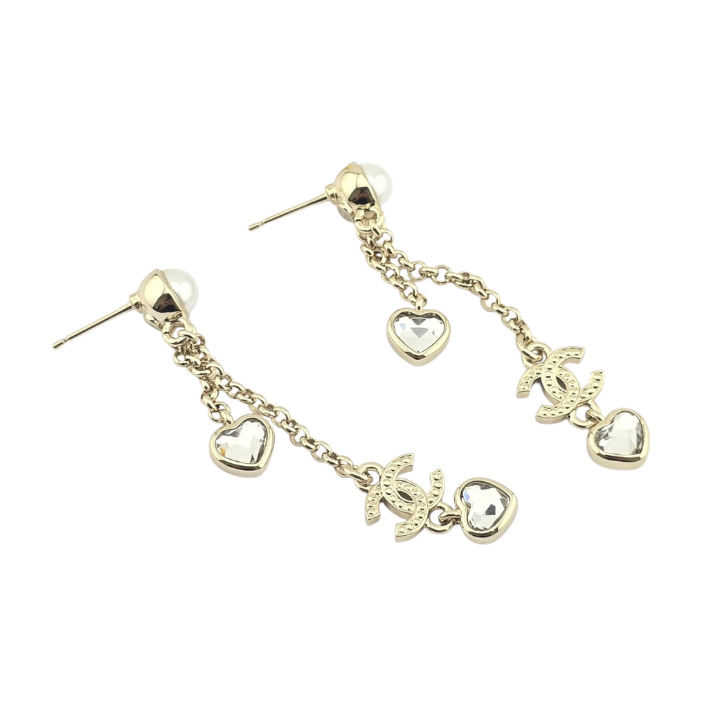 Chanel CC Gold Dangle Heart Crystal Earrings 2025