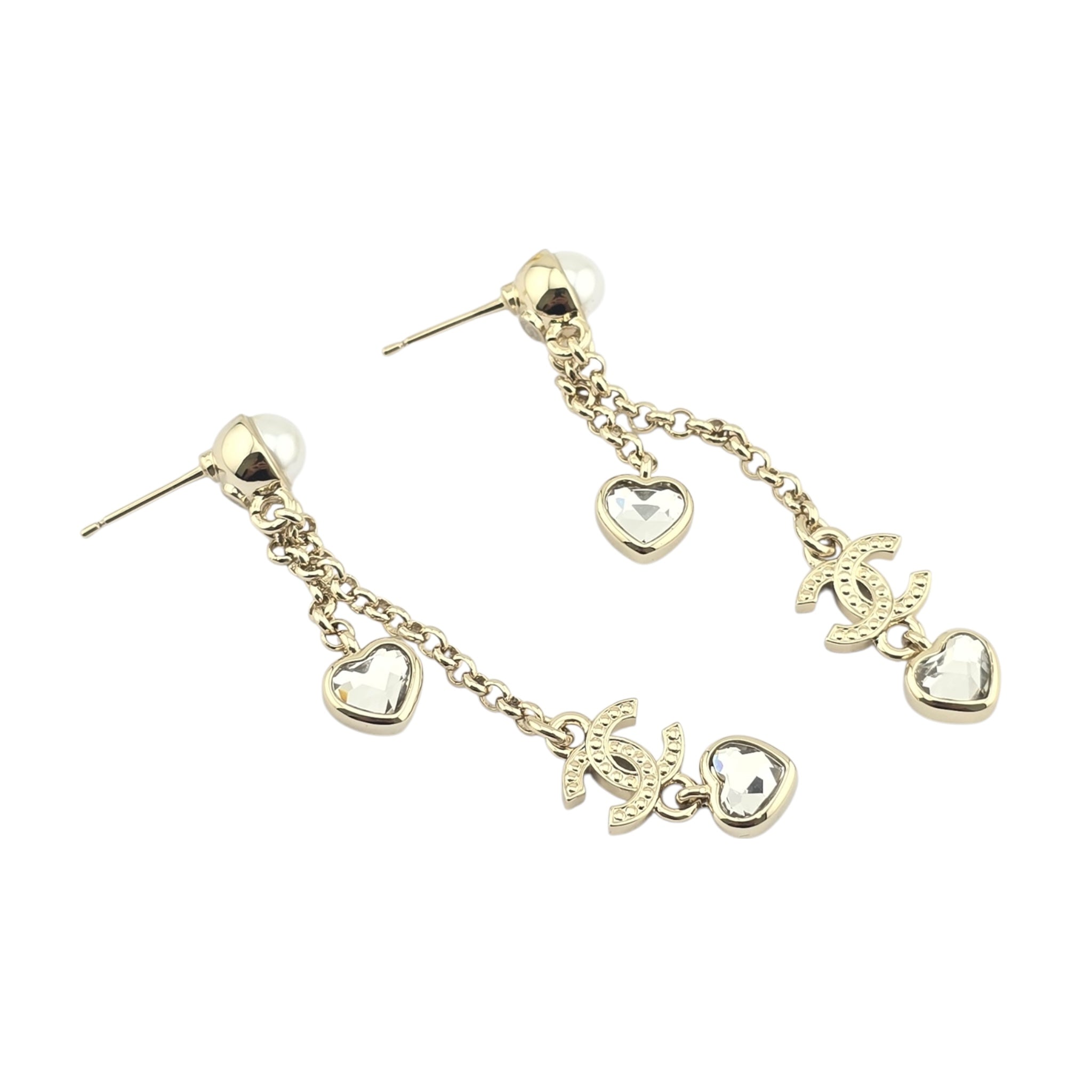 Chanel CC Gold Dangle Heart Crystal Earrings 2025