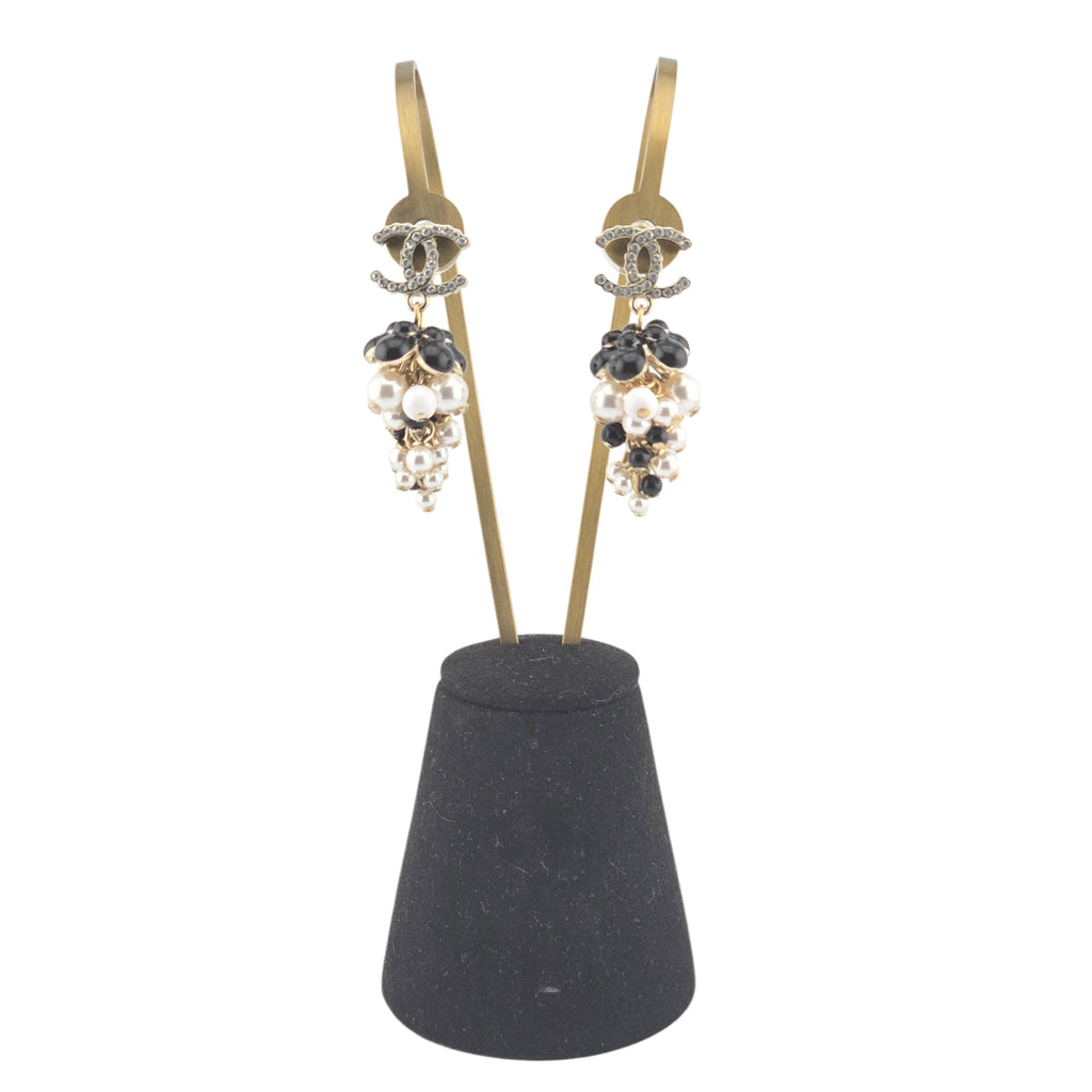 Chanel CC Faux Pearl White Black Gold Earrings CHANEL