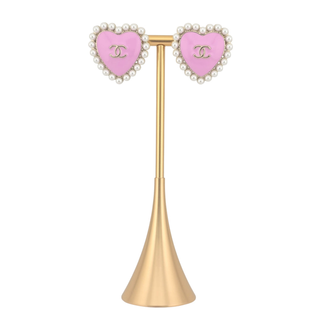 Chanel CC Pink Gold Heart Faux Pearl Earrings 2025 CHANEL
