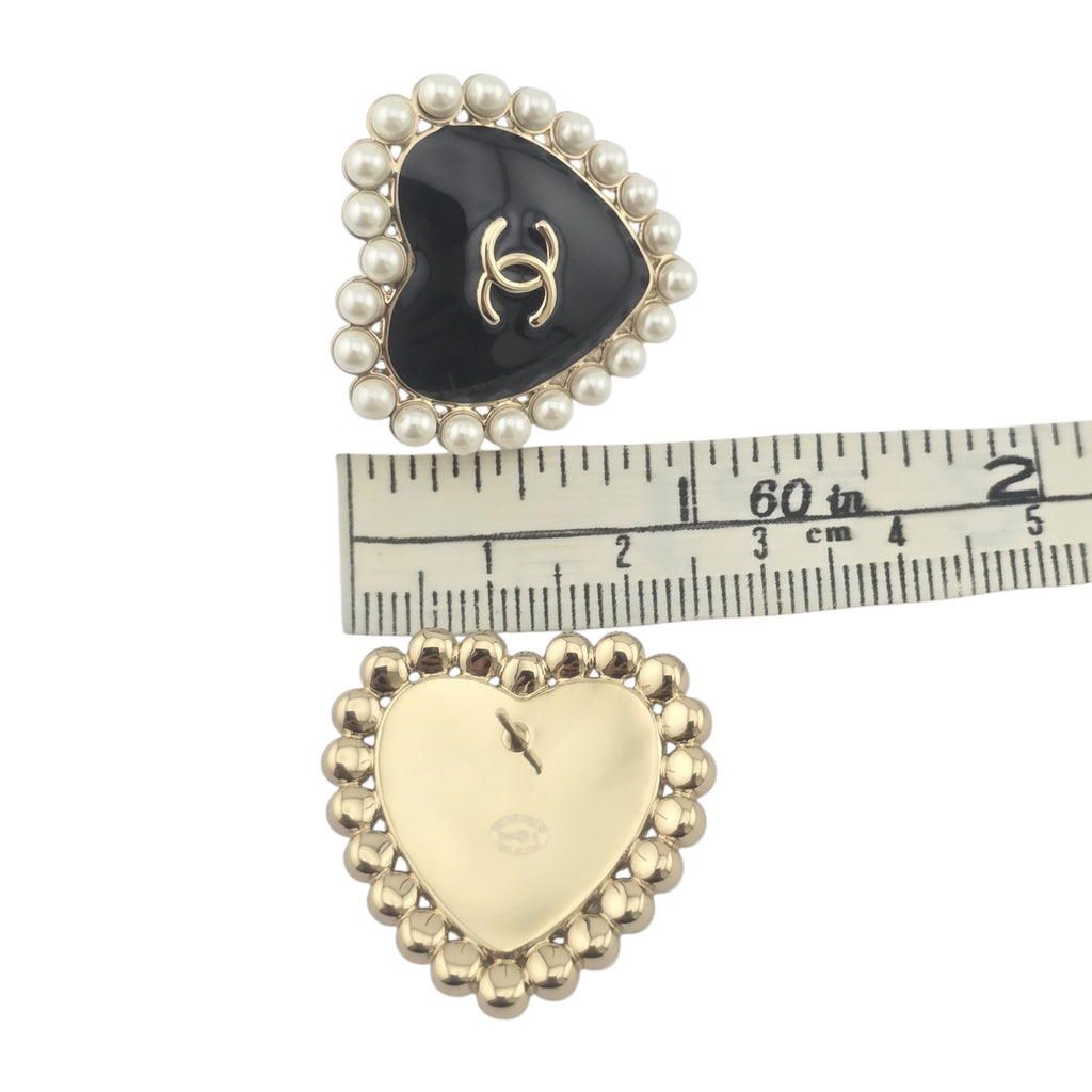 Chanel CC Black Gold Heart Faux Pearl Earrings 2025 CHANEL