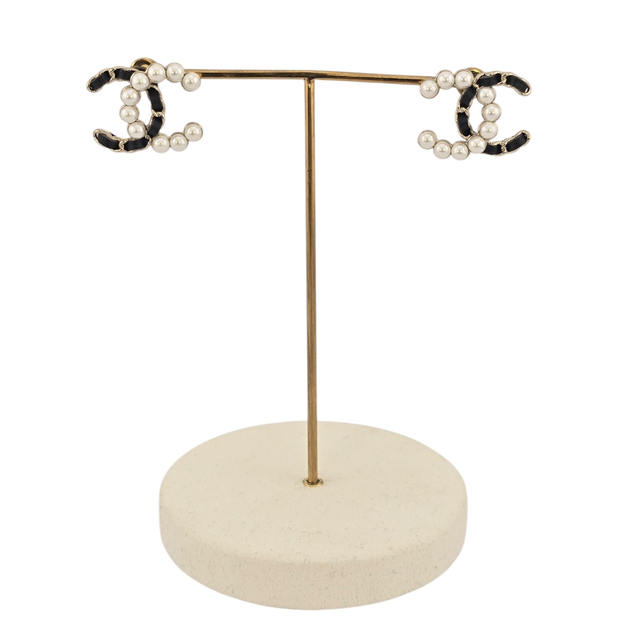 Chanel CC Gold Faux Pearl Leather Stud Earrings 2025 CHANEL