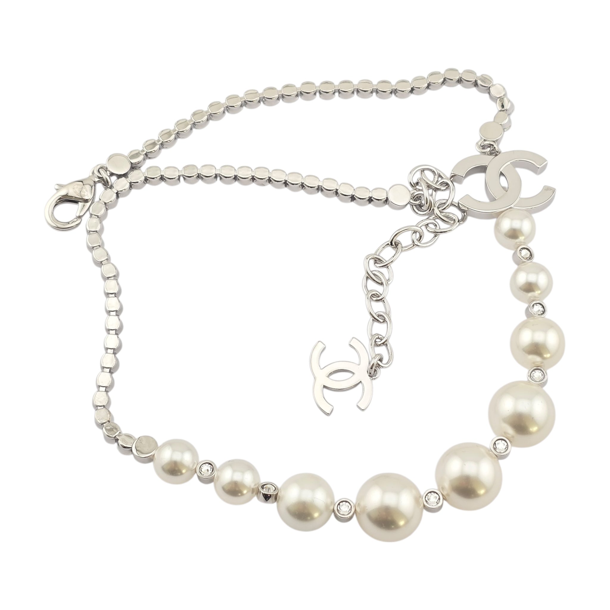 Chanel CC Faux Pearl Silver Crystal Necklace 2025 CHANEL
