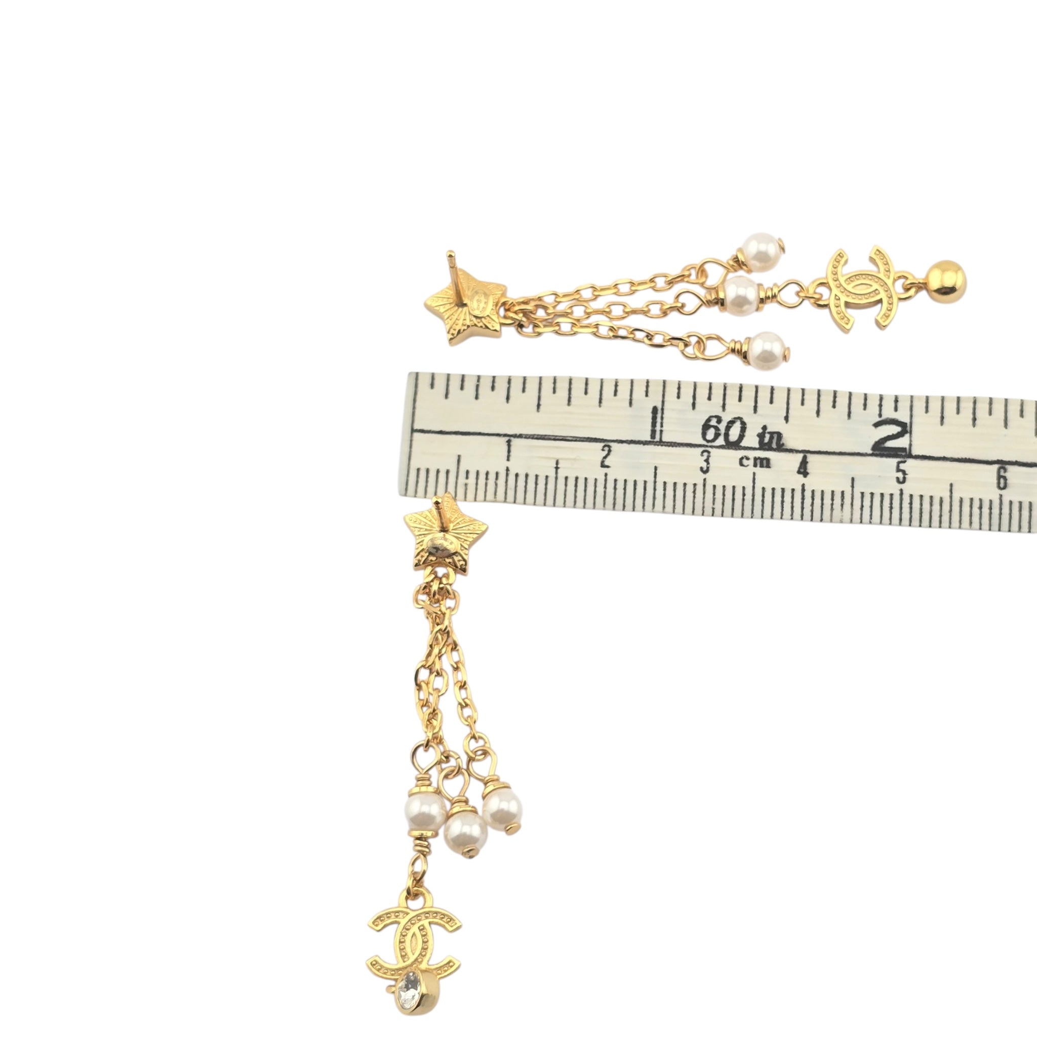 Chanel CC Faux Pearl Star Dangle Gold Earrings 2024