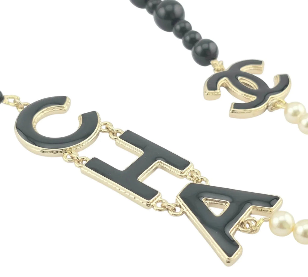 Chanel CC Metal Enamel Pearl Beaded Long Necklace Black White 2022 CHANEL